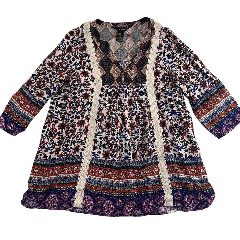 Ali Miles Shirt Size L Multicolor Floral Paisley Studded Boho Top Peasant Blouse